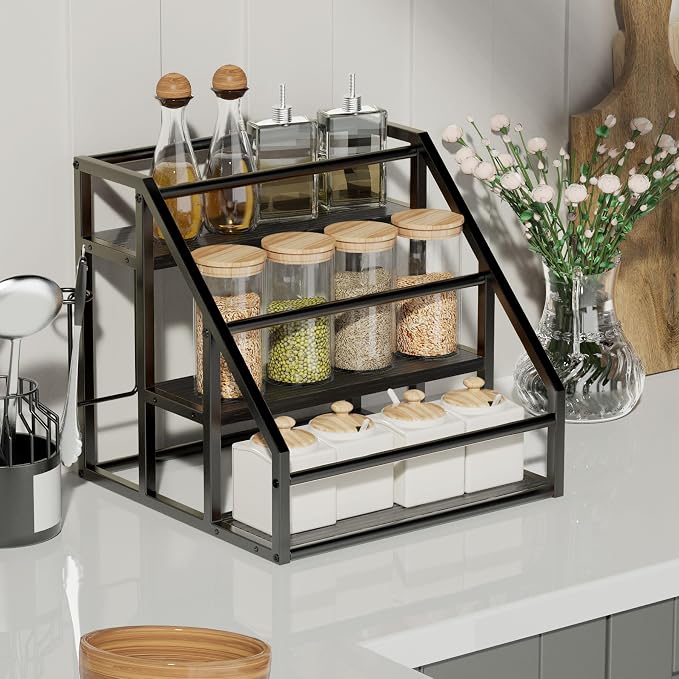 Coffee Syrup Rack Organizer, 3 Tier Countertop Storage Shelves, Kitchen Storage, 12 Syrup Bottle Stand Holder for Wine, Liquor, Kitchen Coffee Station Organizer Rack, 13.8"x13.4"x13.0",Black