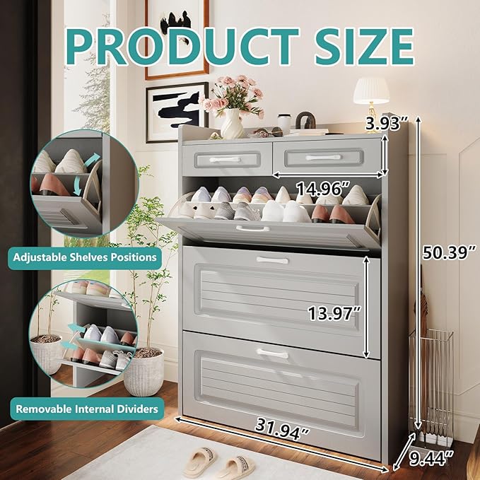 Shoe Cabinet with 3 Large Flip Drawers and 2 Storage Drawers, Narrow Shoe Organizer Cabinet Fits for Kinds of Shoes, Slim Shoe Storage Cabinet for Entryway, Hallway, Light Grey
