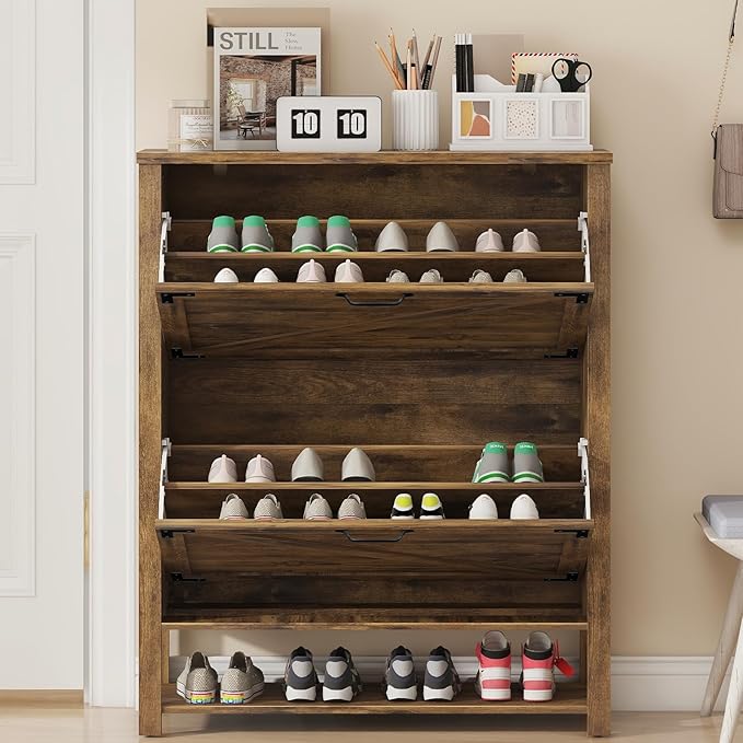 Vabches Shoe Storage Cabinet, Farmhouse Freestanding Organizer with 2 Flip Drawers, Wooden Hidden Narrow Slim Shoe Rack Cabinet for Entryway, Hallway, Foyer, Brown
