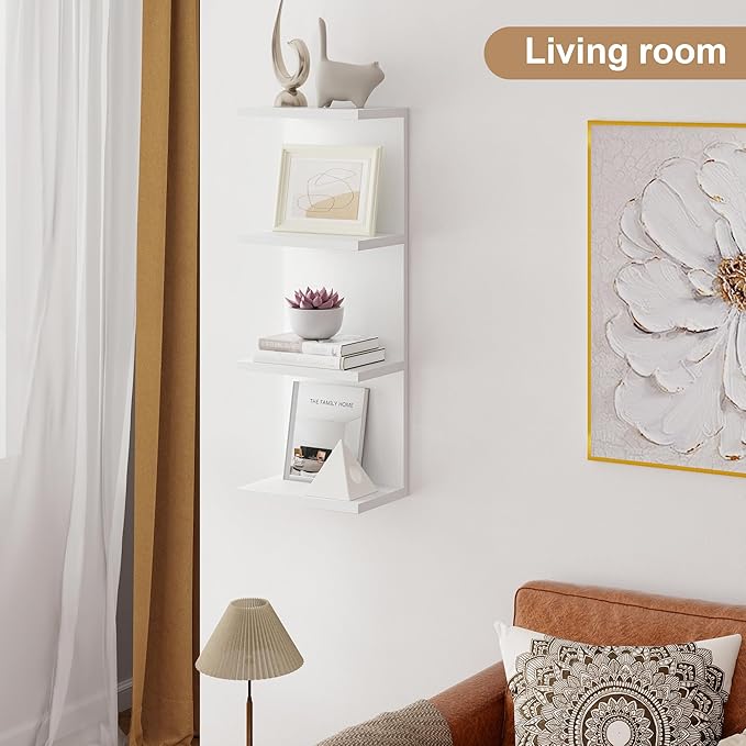 Fun Memories 4 Tier Wall Shelf Unit, Vertical Floating Shelf, Wall Mount Lack Shelving Home Decor Organizer Tall Tower Design Utility Shelving for Bedroom Living Room, White
