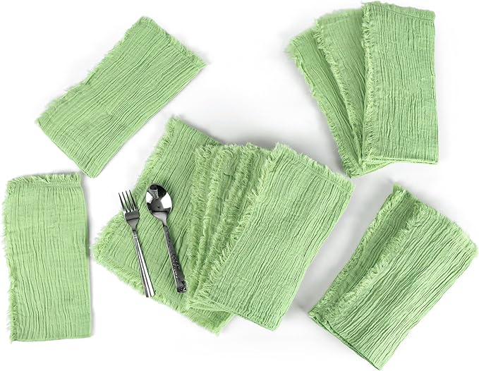 FINGERCRAFT Cloth Napkins Natural Cotton Cheesecloth Set of 12 Premium Fringe Dinner Napkin Soft Durable Ideal for Dining Room, Restaurant, Weddings Events Washable Good Absorbency Lettuce Green