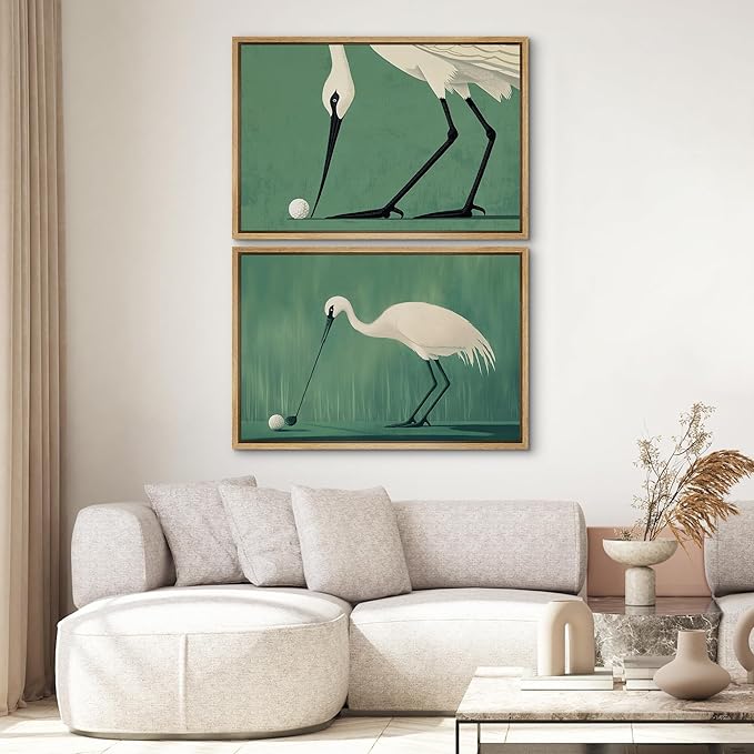 SIGNWIN Framed Canvas Print Wall Art Set Funny Crane Playing Golf Whimsical Bird Illustrations Modern Art Rustic Minimal for Living Room, Bedroom, Office - 16"x24"x2 Natural