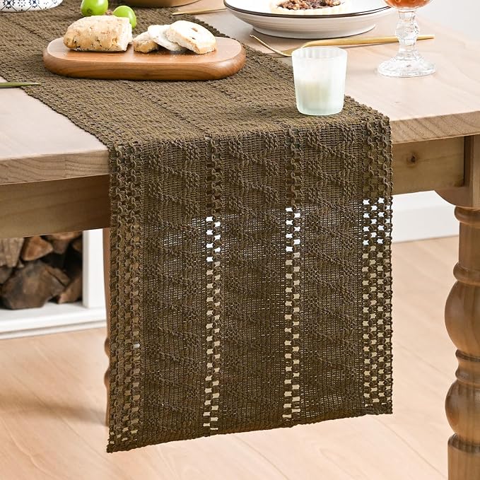 Artoid Mode Light Coffee Farmhouse Woven Rustic Hollow Table Runner, Seasonal Holiday Hollow Kitchen Dining Table Decoration for Home Party Decor 12x60 Inch