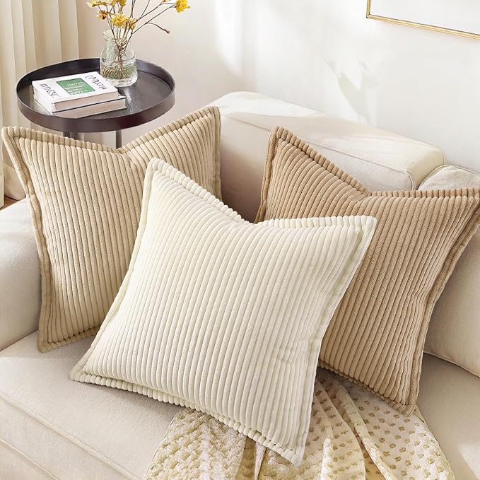 decorUhome Summer Corduroy Cream White Throw Pillow Covers 12x20 Set of 2 Decorative Soft Boho Farmhouse Lumbar Couch Pillow Covers for Living Room Bed Sofa Broadside Striped Pillow Cases