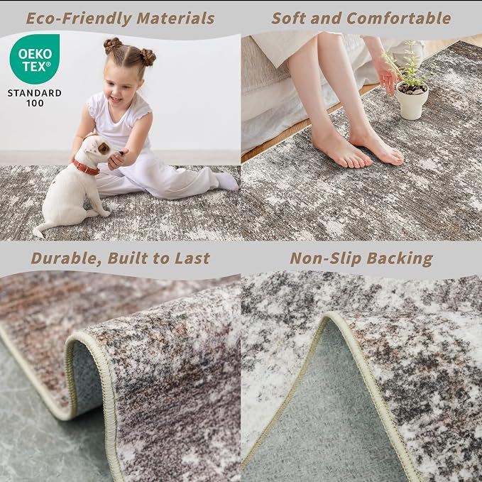 Washable 2x8 Kitchen Rug Runner – Non-Slip Stain-Resistant Soft Carpet Runner for Hallway Entryway Bedroom Bathroom, Modern Abstract Neutral Low-Pile Area Rug (Brown Beige,2x8)