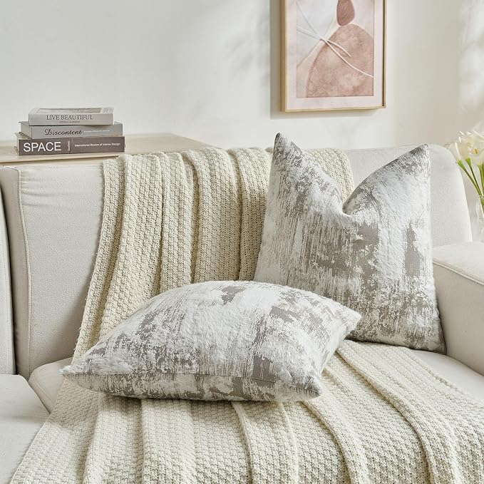 FUTEI Pack of 2 Faux Cashmere Jacquard Throw Pillow Covers 24x24 Inch Soft Marble Pattern Vintage Decorative Euro Pillow Shams Modern Farmhouse Accent for Couch Bed Living Room, Grey White