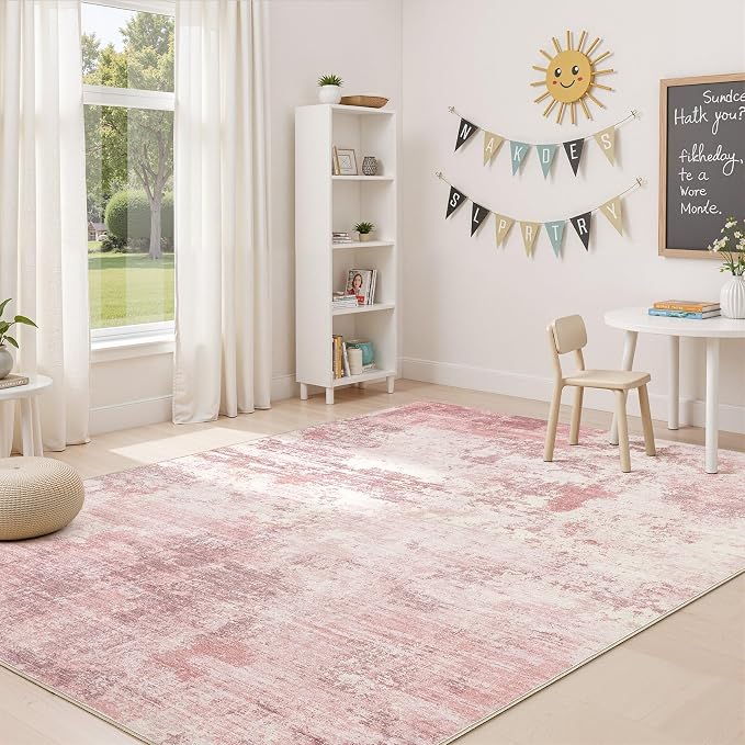 UERMEI 5x7 Area Rug Living Room Rugs - Washable Neutral Modern Abstract Soft Thin Large Rug Indoor Floor No Slip Rug Carpet for Bedroom Under Dining Table Home Office Decor - Pink