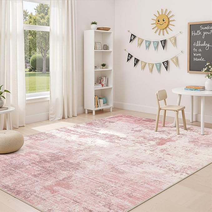 UERMEI 6x9 Area Rug Living Room Rugs - Washable Neutral Modern Abstract Soft Thin Large Rug Indoor Floor No Slip Rug Carpet for Bedroom Under Dining Table Home Office Decor - Pink