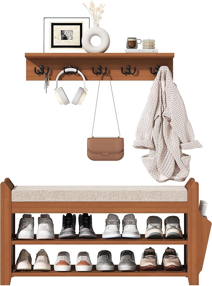 PETKABOO 31.5" Shoe Bench with Coat Rack Hidden Drawer and Side Holder, 2 Tier Entryway Bench with Storage 39.4 in, Bamboo Shoe Rack with Cushion for Entryway Hallway Living Room Bedroom
