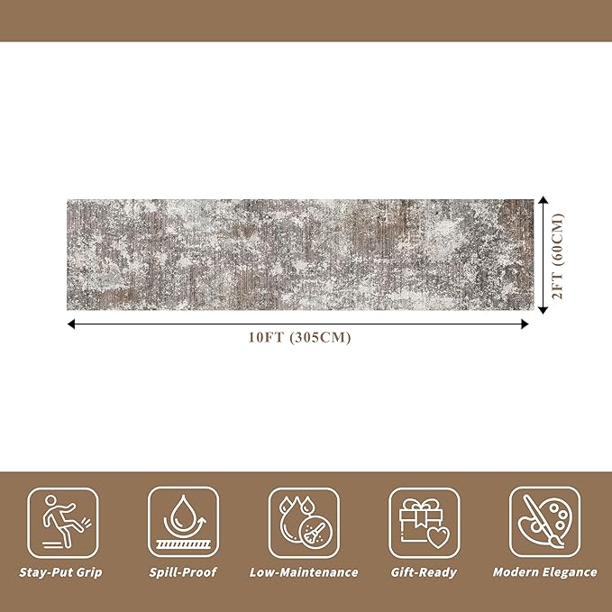 2x10 Washable Hallway Runner Rug – Non-Slip Stain-Resistant Low-Pile Long Carpet Runner for Kitchen Entryway Living Room Bedroom Bathroom, Modern Abstract Neutral (Brown Beige,2x10)