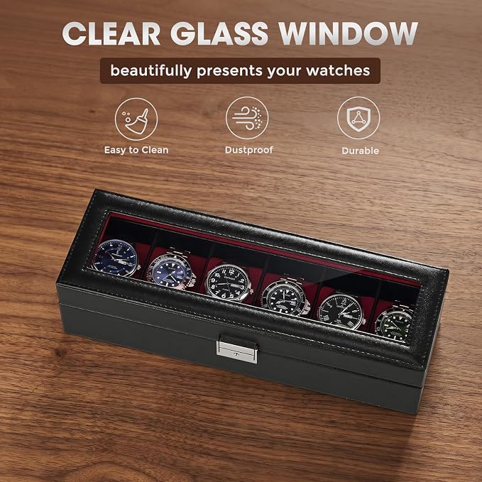 ProCase 6 Slot Watch Case Box for Men, PU leather Man Watch Organizer with Soft Pillow, Lockable Watch Collection Storage Holder with Glass Display Lid, Fathers Day Gift for Dad -Winered