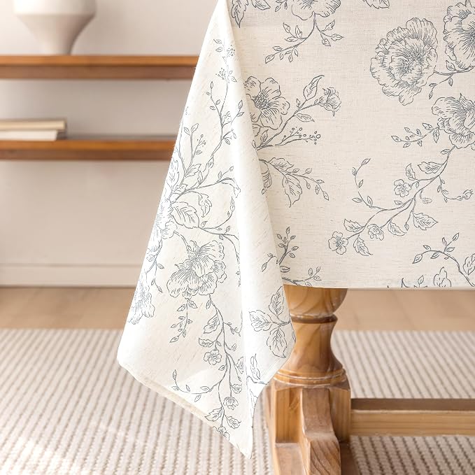 Meikelor Black Floral Printed Linen Table Cloth for Kitchen Farmhouse Style Tablecloth Cream Colored 55 x 55