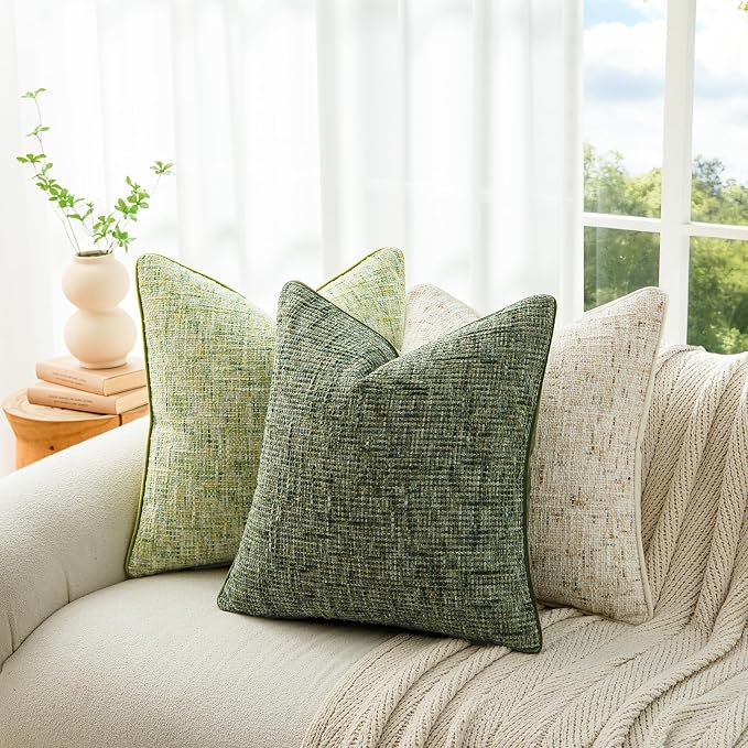 A Moment Christmas Dark Green Reversible Pillow Covers 2 Pack - Farmhouse Chenille Throw Pillows, Neutral Textured Decorative Throw Pillow Covers with Border for Couch Sofa Bed (12x20 Inch, No Insert)