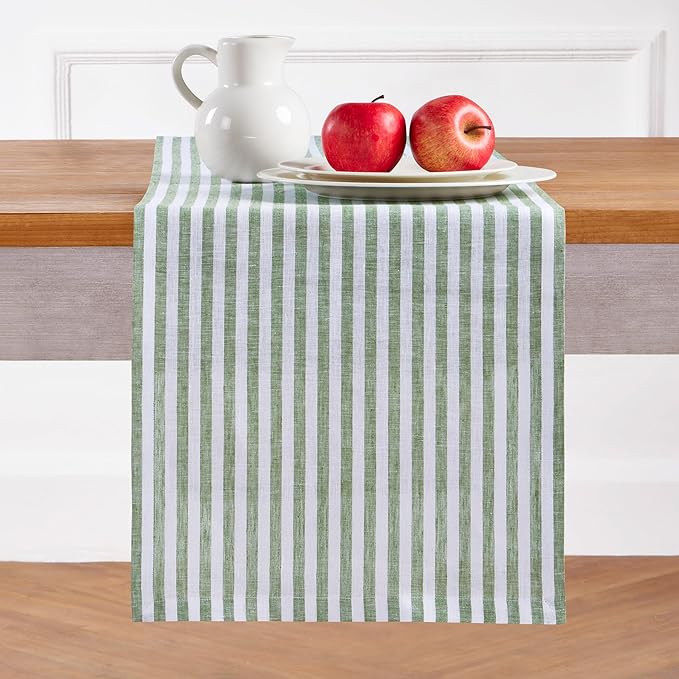 Solino Home Linen Table Runner 132 Inches Long - Amalfi Stripe, 100% Pure Linen Green and White Table Runner 14 x 132 Inch for Dining, Summer