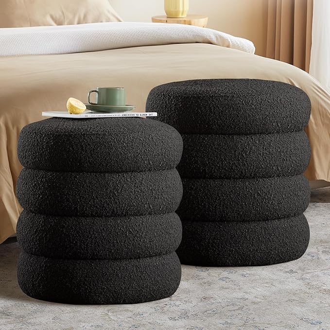 Busaurus Round Ottoman with Storage for Living Room Small Boucle Foot Stool Modern Upholstered Vanity Stool Ottoman Foot Rest for Dorm Corner Home Decor, Set of 2 (Black)