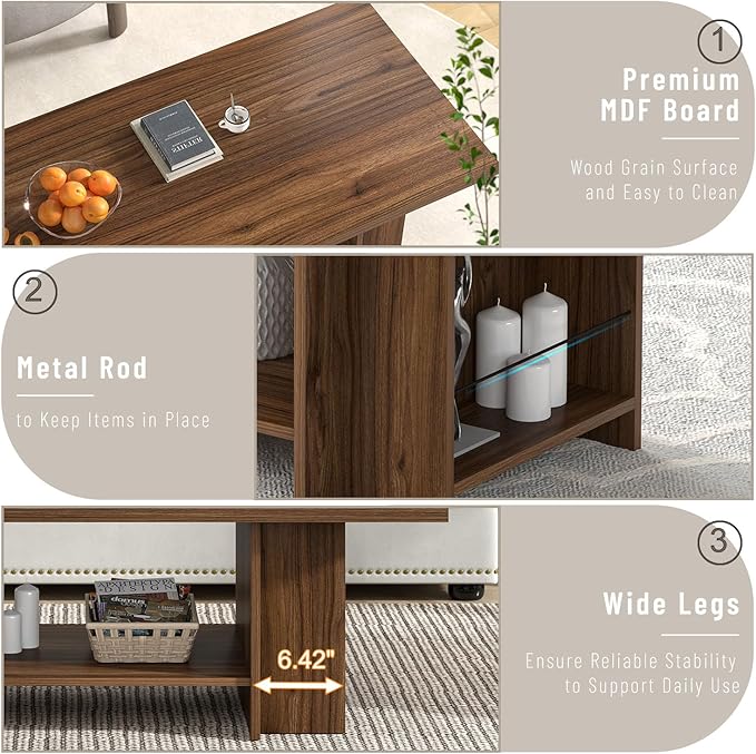 FOLUBAN Coffee Table, Modern Wood Living Room Table with Storage Bottom Shelf & Side Shelves, Rectangle Center Table Cocktail Tea Table for Home Office, Rustic Walnut, 47 Inch