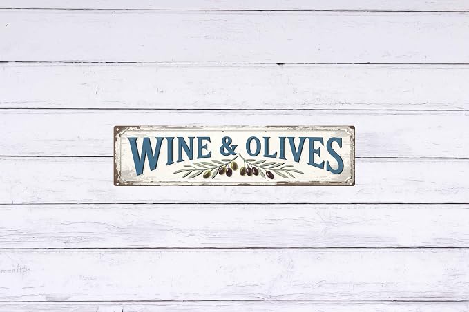 Wine and Olives Metal Sign 4x16in Rustic Plaque for Kitchen Dining Room Wall Decor