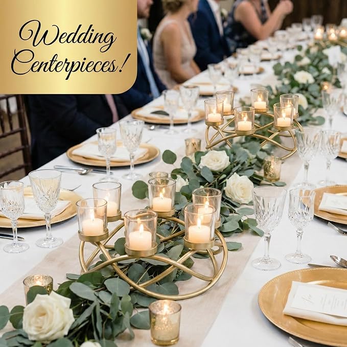 Seraphic Centerpieces for Table Decor, Tealight Candle Holder, Gold/Clear | Wedding Event & Ramadan Decor, Round Patio Umbrella Centerpiece, Wrought Iron 6 Votive Holders, Dining, 10.5in Round