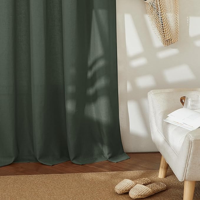 RYB HOME Hunter Green Linen Sheer Curtains 84 inches 2 Panels - Semi Transparent Rod Pocket Light Filtering Farmhouse Drapes for Living Room, Bedroom, Office, W 52" x L 84"