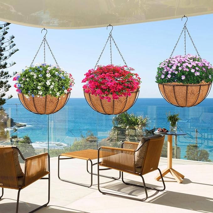 HKZ Hanging Basket Planter Plants Outdoor - 4 Pack 10 Inch Metal Hanging Planter with Coco Liners, Chain Hook Hanging Flower Pots for Indoor Outdoor Garden Porch Decoration