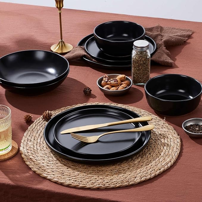 LIANYU 16 Piece Dinnerware Sets with Double Bowls for 4, Modern Ceramic Plates and Bowls Set, Kitchen Round Dinning Ware Dishware Set, Microwave and Dishwasher Safe, Black Onyx