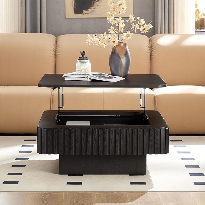Lift-top Coffee Table with Storage for Living Room Office, Modern Square Fluted Coffee Table, 35.43" Wood Dining Center Tables with Large Hidden Space - Black