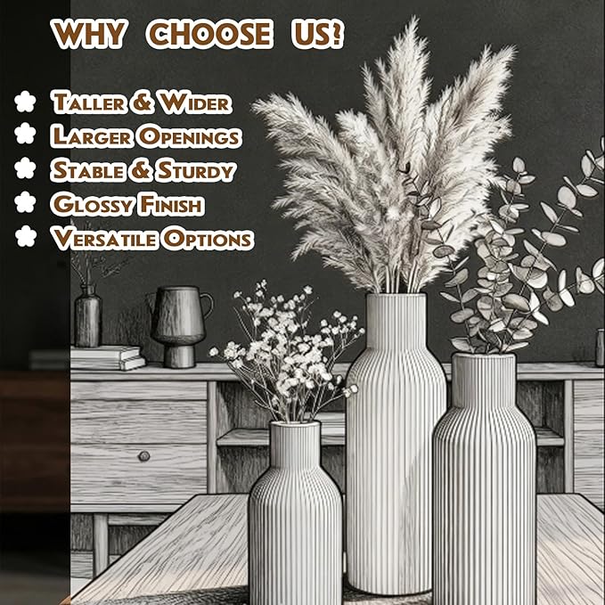 Colorful Ceramic Vases Set of 3, Smooth Round 3D Vertical Ribbed,Minimalist for Pampas Grass &Fresh Flowers, Centerpiece for Living Room, Shelf, Entryway, Wedding(Pink, Blue, Orange)