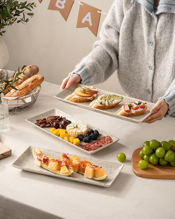 LAUCHUH 3 Tier Serving Trays for Party, 14 inch Porcelain Tiered Tray Stand Serving Platter with Collapsible Sturdier Rack Serving Dishes for Mother's Day Entertaining, Speckled Glaze