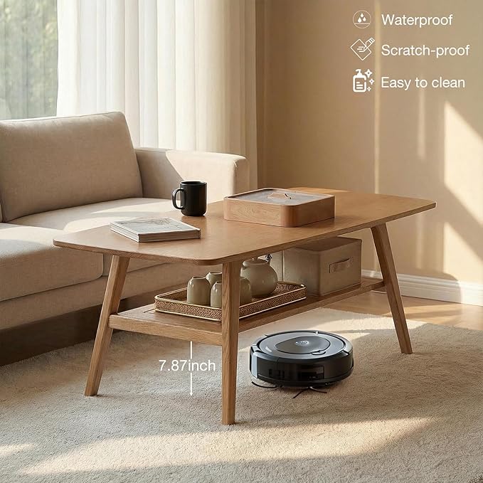 Mid Century Modern Coffee Table: 100% Solid Wood Coffee Table - 2-Tier Storage Design - Practical Coffee Tables for Living Room, Apartment, Easy Assembly (Natural, 39.37")
