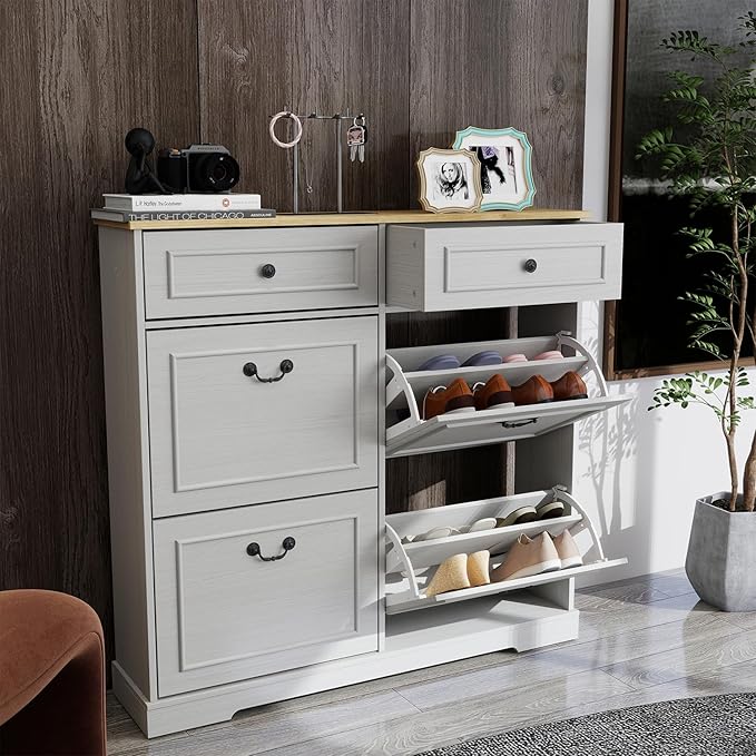 Locsear Shoe Storage Cabinet with 4 Flip Drawers, 2 Drawers, Freestanding Shoe Cabinet Organizer with Adjustable Shelf for Entryway, Foyer, Slim Shoe Cabinet-Antique White