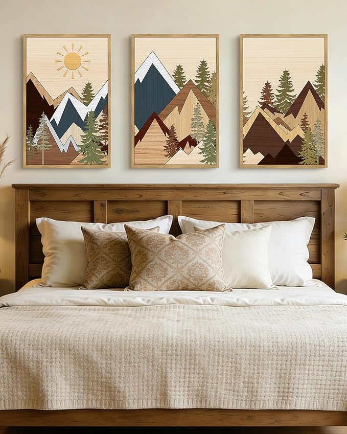 PHOPAGO Mountains Framed Wall Art Large 16x24in Morden Boho Woodcut Pine Tree Forest Nature Landscape Artwork Bohemain Farmhouse Living Room Rustic Home Decor - Natural Framed