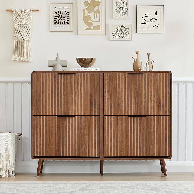 FurSch 47" Fluted Large Shoe Cabinet with 4 Flip Drawers, Slim Freestanding Shoe Cabinet Organizer, Narrow Shoes Storage Rack for Entryway, 5 Sturdy Legs (All Walnut, 9.45" D x 47.24" W x 35.83" H)