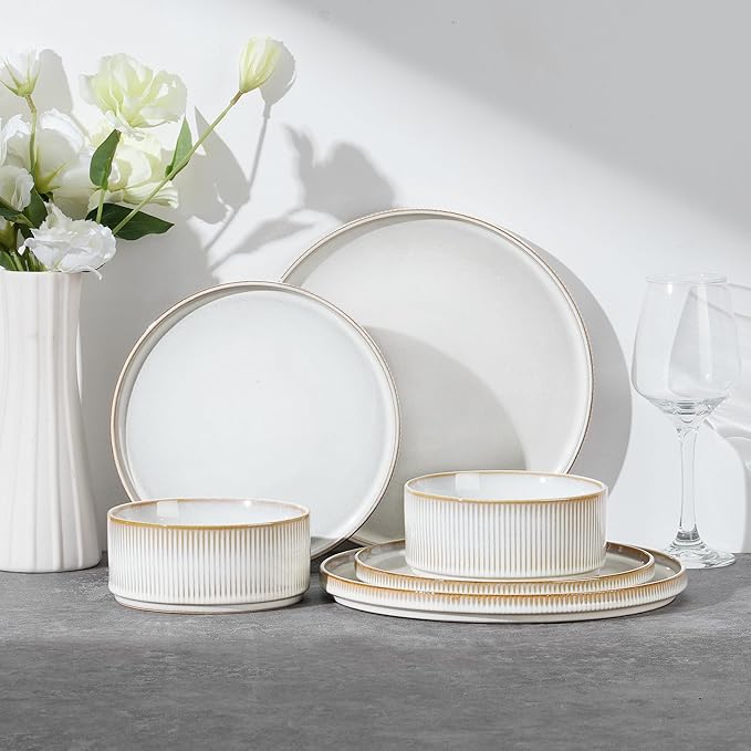 E-far Stoneware Dinnerware Sets for 2, 6-Piece Plates and Bowls Sets, Chip & Scratch Resistant Ribbed Dish Set for Home Restaurant, Microwave & Dishwasher Safe, Creamy Beige
