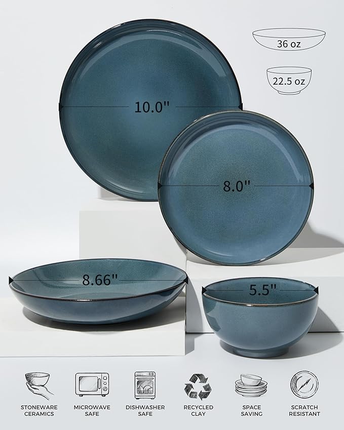 Pokini 24 Piece Double Bowl Dinnerware Sets with Pasta Bowls, Highly Chip and Crack Resistant Plates and Bowls Sets, Natural Earthyware Ceramic Dishware Sets, Service for 6 Jeans Blue