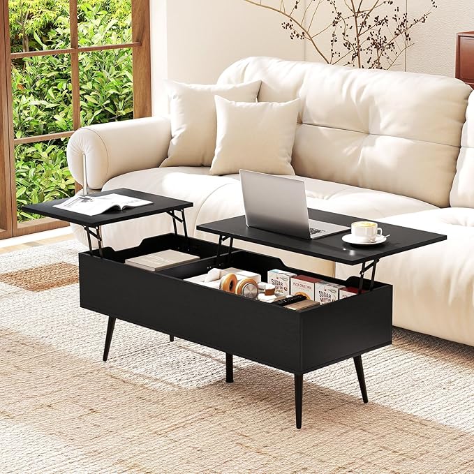 Tangkula Lift Top Coffee Table, Mid Century Modern Center Table with Split Top & 2 Hidden Compartments, Rectangle Accent Table with Tapered Metal Legs for Living Room (Black)