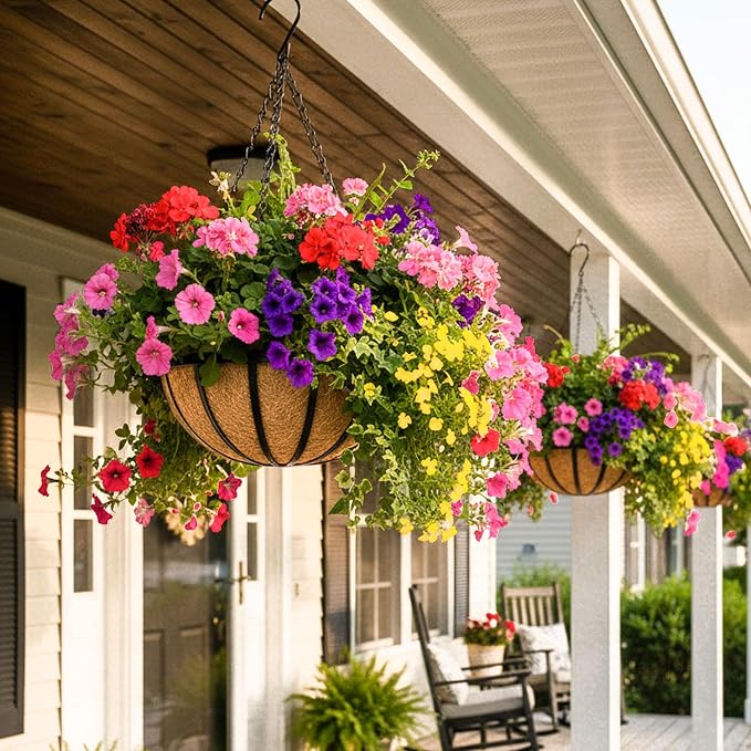 4pcs 16 inch Metal Hanging Baskets Round Wire Plant Stand with Coco Lining Cushion Decorative Planter Hanger Garden Indoor Outdoor Watering Hanging Basket （BT）