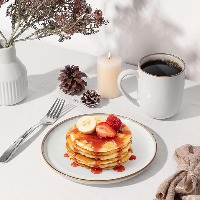 Herogo 18-Piece Stoneware Dinnerware Set for 6, Handmade Plates & Bowls with Double Reactive Glaze, Microwave and Dishwasher Safe, Scratch Resistant, Ivory White