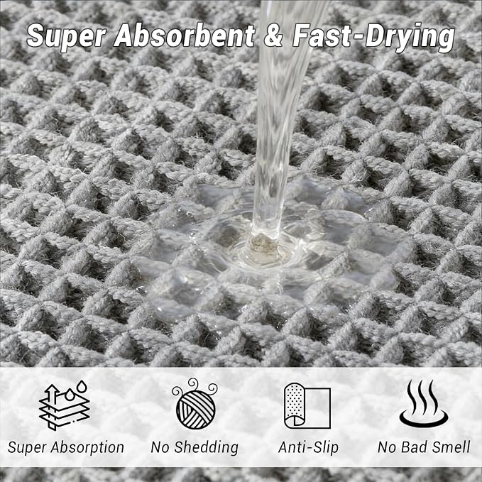 Waffle Bath Mat Set of 2, Non Slip Waffle Rugs for Bathroom, Super Absorbent & Quick Dry Soft Shower Mat for Bathroom & Kitchen Floor, Machine Washable Bath Rugs (Grey)