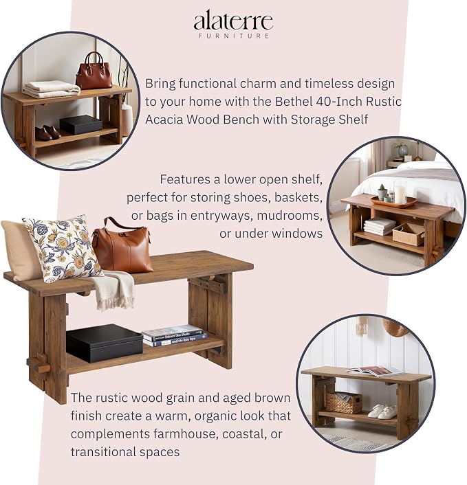 Alaterre Furniture Bethel Entryway Bench with Storage Shelf – Rustic Farmhouse 40-Inch Solid Acacia Wood Seat for Mudroom, Foyer or Hallway (Natural Aged Brown)