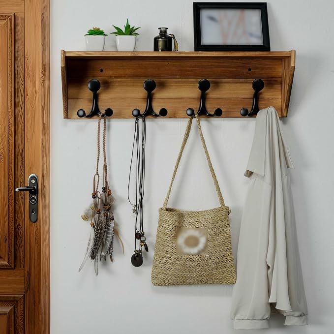 WEBI Wall Shelf with Hooks Underneath,24" Long Wall Mounted Coat Rack with Shelf,Entryway Coat Rack with 4 Triple Hooks for Hanging Coats,Jacket,Hallway,Bedroom,Mudroom,Brown