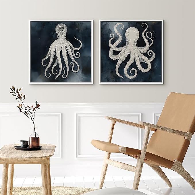 SIGNFORD Framed Canvas Print Wall Art Set Nautical Octopus Illustration Dark Blue Ocean Coastal Modern Art Relax/Calm for Living Room, Bedroom, Office - 16"x16"x2 WHITE