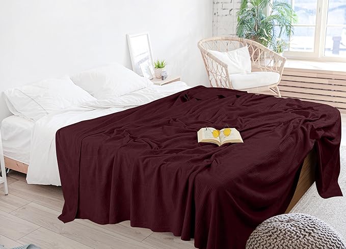 Utopia Bedding 100% Cotton Thermal Blanket Burgundy Queen Size Soft, Lightweight, Breathable, Cozy Spring and Summer Blankets for Bed, Home Room Decor Gifts for Women and Men (90x90 Inches)