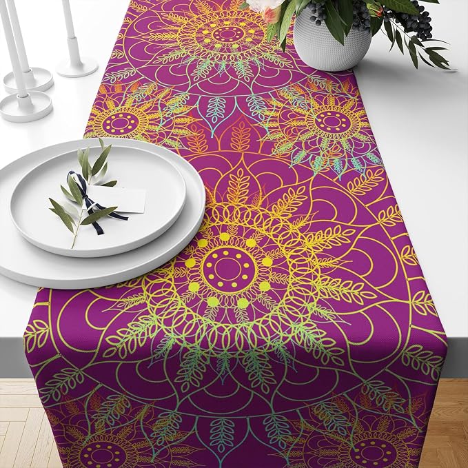 YCness Mandala Table Runner Abstract Colorful Modern Art Golden Purple Kitchen Dining Room Party Holiday Living Room Table Runner, 13x108 Inch