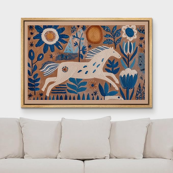 MUDECOR Framed Canvas Print Wall Art Folk Art White Horse with Blue Floral Botanical Illustrations Minimalism Decorative Bohemian Colorful Zen for Living Room, Bedroom, Office - 24"x36" NATURAL