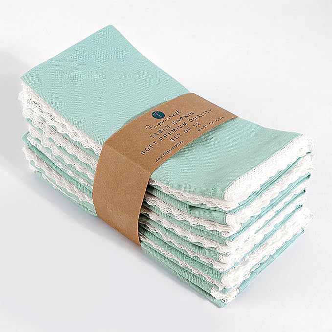 Fingercraft Dinner Cloth Napkin Cotton Linen Set of 12 Mitered Corners with Natural Elegant Lace for Everyday Use Napkins are Pre Shrunk and Good Absorbency with Lace 20x20 in Aqua Easter Color