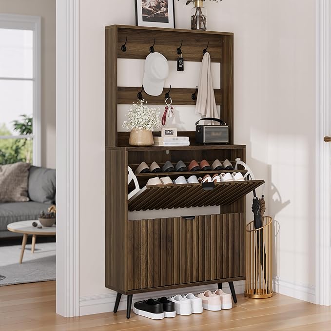 Smuxee Shoe Cabinet with 2 Flip Drawers & Coat Rack Hooks, 31.5" Walnut Hidden Shoe Storage Cabinet, 2-in-1 Hall Tree Slim Freestanding Shoe Rack Organizer for Entryway, Hallway, Living Room
