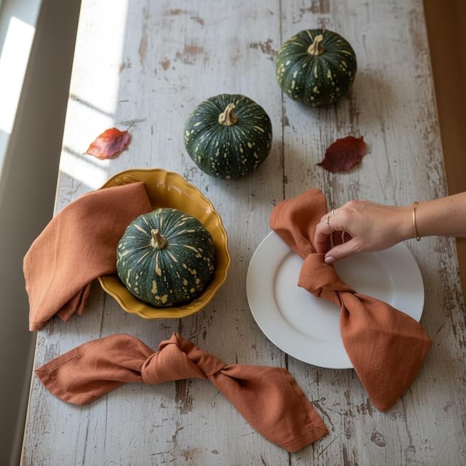Linen Napkins –100% French Flax – Stonewashed Pure Linen Cloth Napkins - Size 18 Inch x 18 Inch – Set of 4 (Rustic Orange)