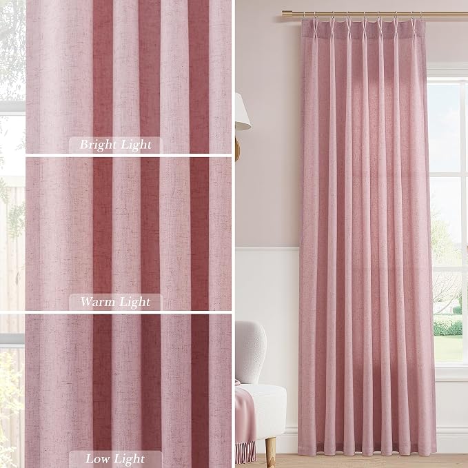Pink Pinch Pleated Long Linen Curtains 120 Inch 2 Panels for Living Room Bedroom Sliding Glass Door Curtain Privacy Light Filtering Windows Treatment Farmhouse Neutral Rustic Decorations 40x120
