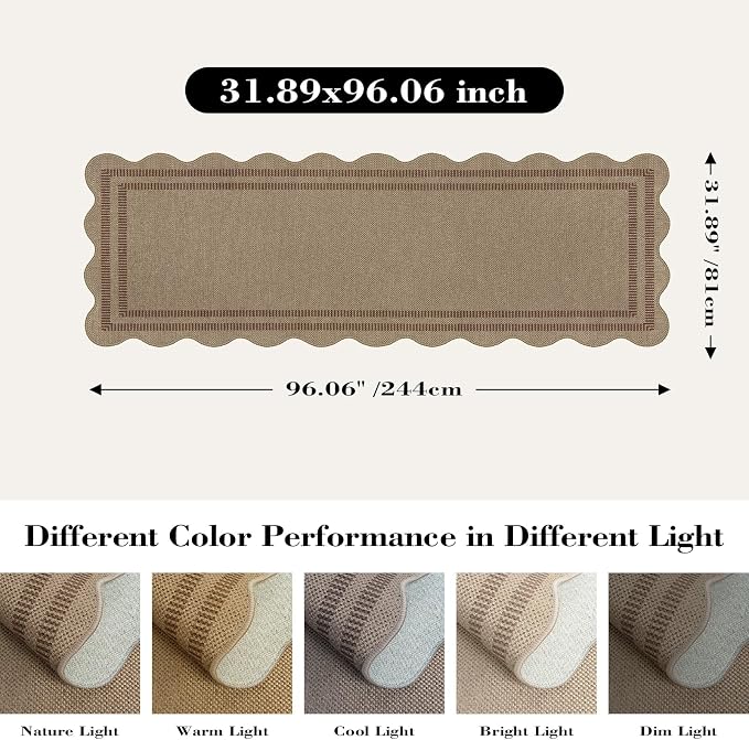 Scalloped Easy Jute 2.6x8 Kitchen Runner Rug, Washable Rugs for Entryway Non Slip Outdoor Indoor Long Rug, Farmhouse Morden Carpet for Hallway Bedroom