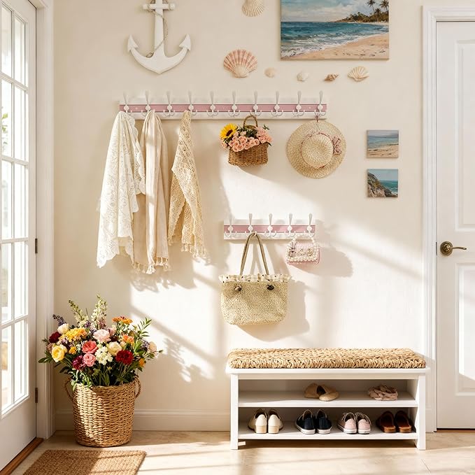SKOLOO Coastal Wall Mounted Coat Rack - 38-1/8" Beach House Entryway Wooden Coat Hook with 10 Hooks for Hanging Coats, Hats or Towels, Oceanfront Cottage Core Collection, White & Palm Beach Pink